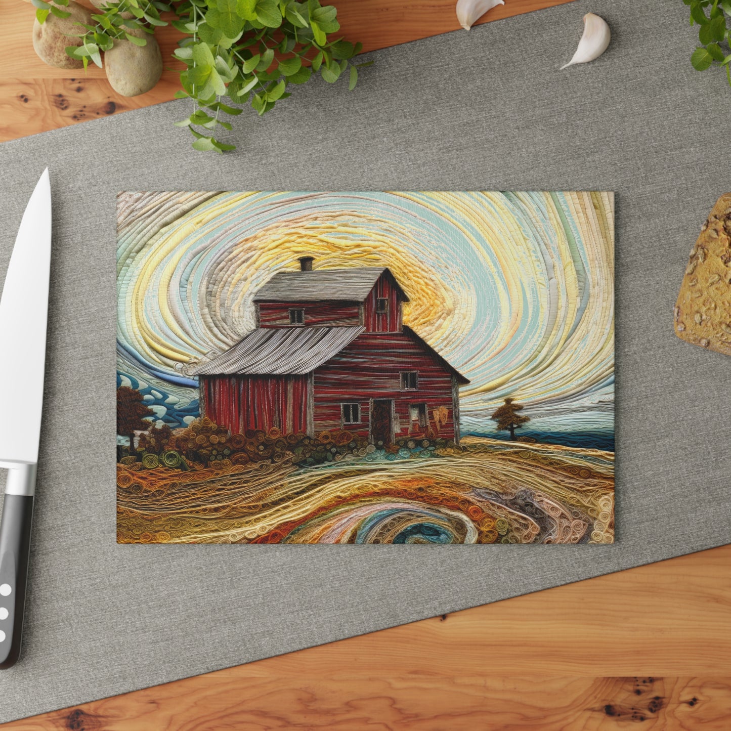 Barn Landscape Glass Cutting Board — Rustic Farmhouse Kitchen Art