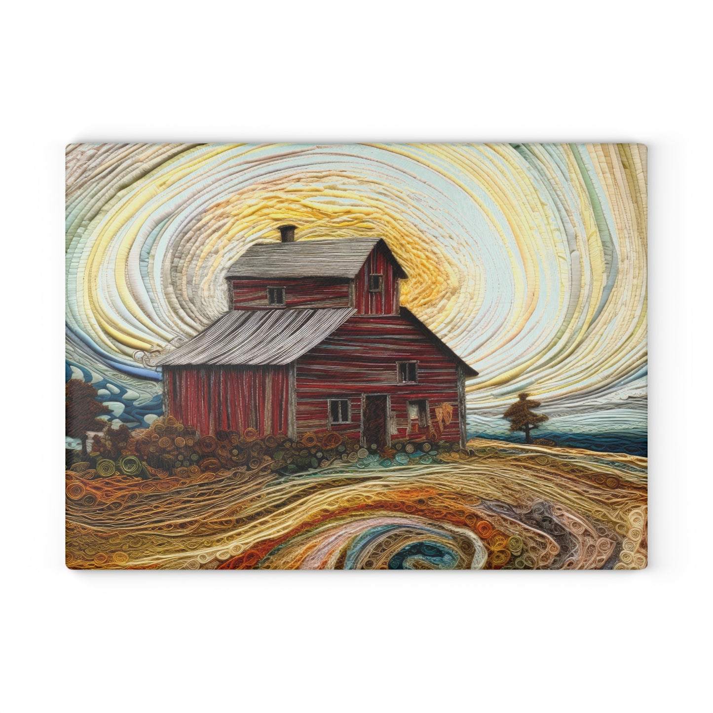 Barn Landscape Glass Cutting Board — Rustic Farmhouse Kitchen Art