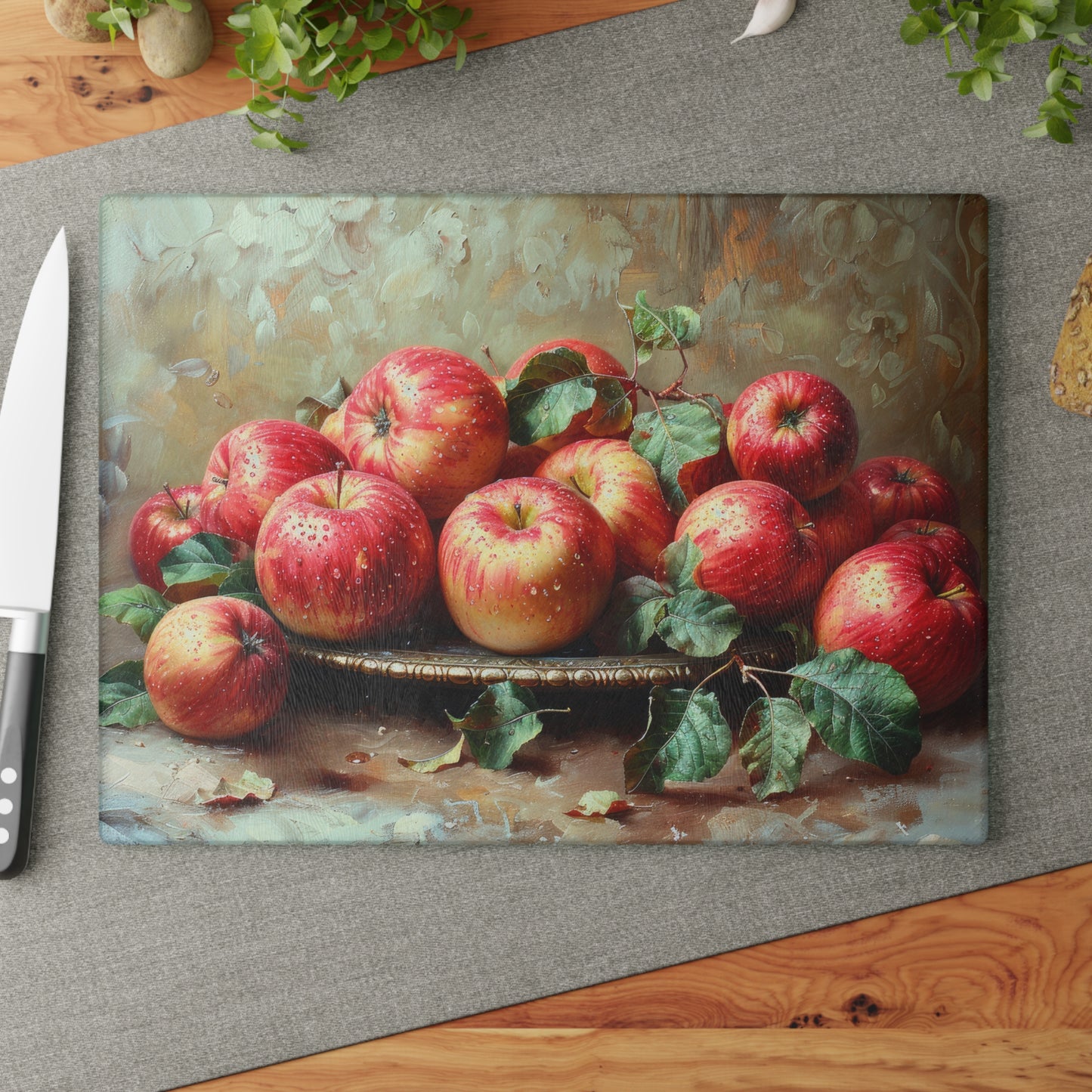 Rustic Apple Still Life Glass Cutting Board — Rustic Apple Still Life Decorative Chopping Board