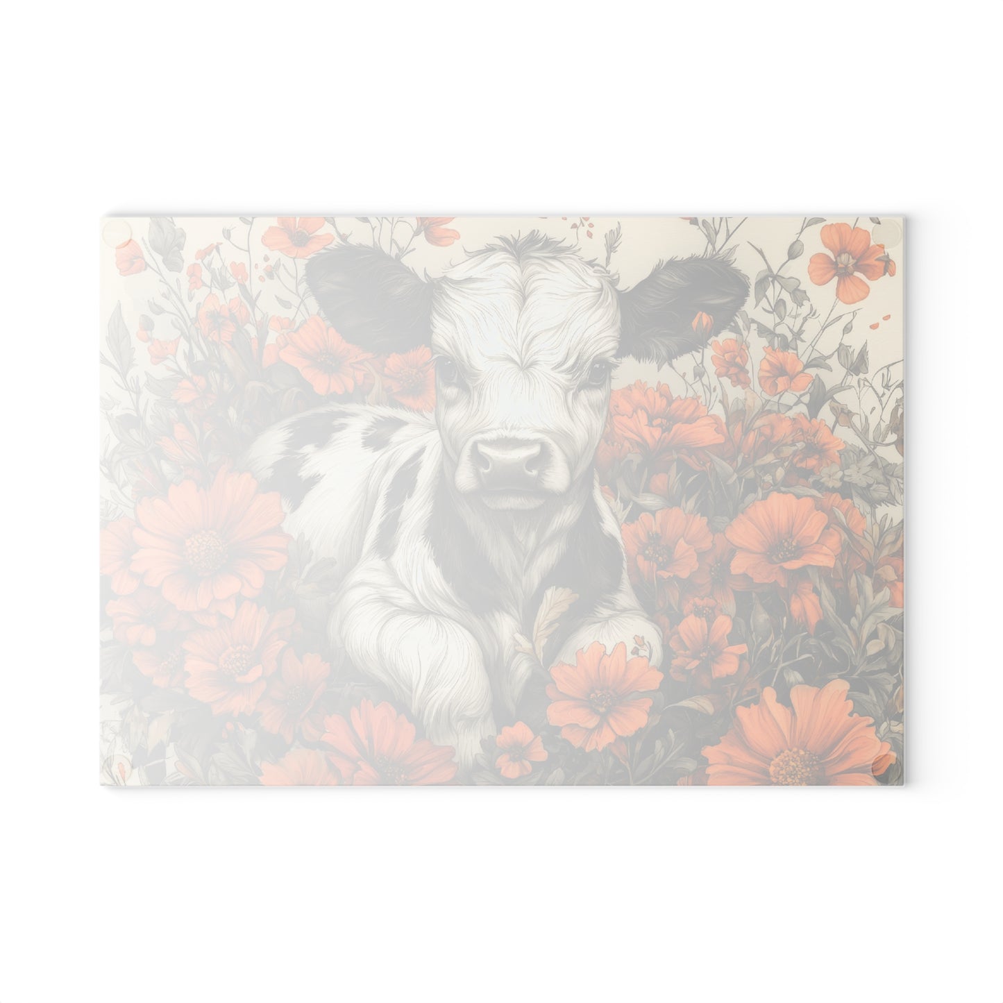 Cute Calf in Orange Wildflowers Glass Cutting Board — Decorative Chopping Board