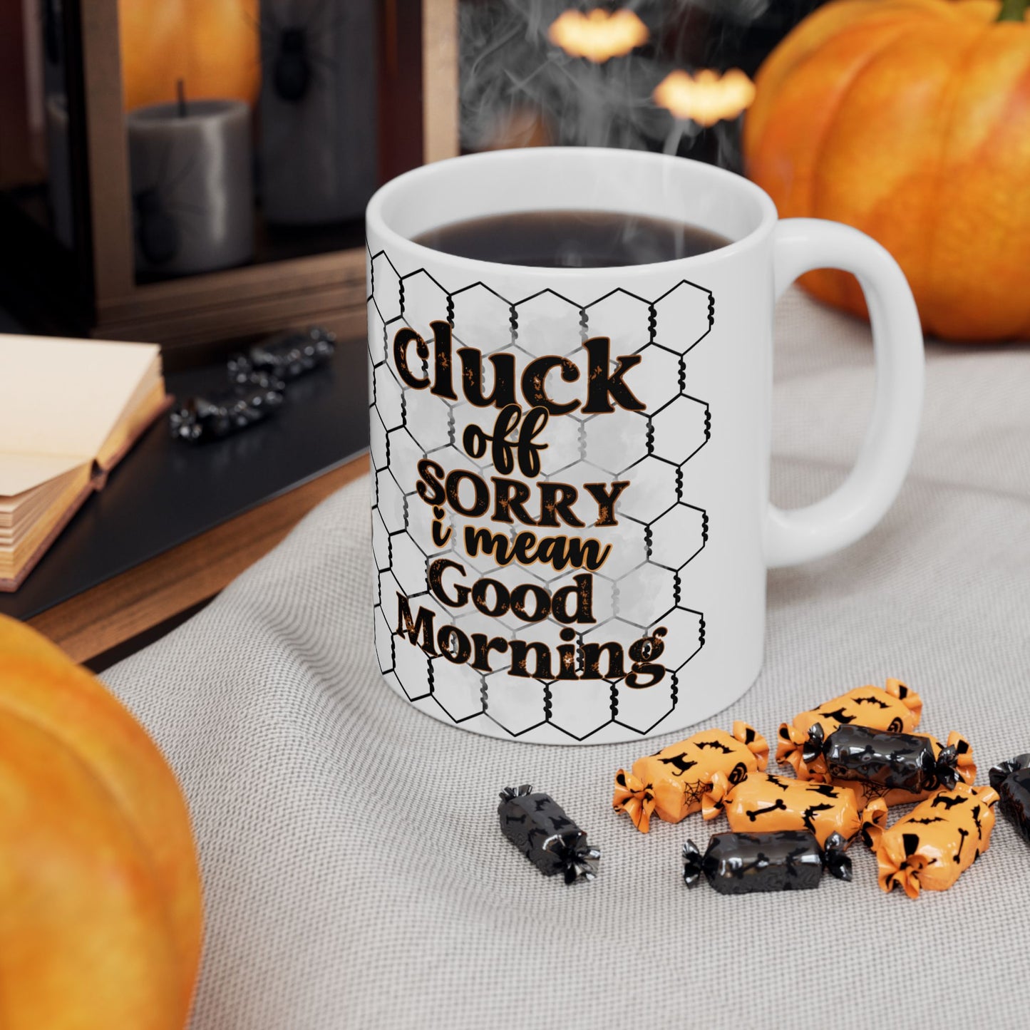 Rooster & Chicks Farmhouse Mug — "Cluck off, I'm on my coffee morning" Ceramic Coffee Cup (11oz, 15oz)
